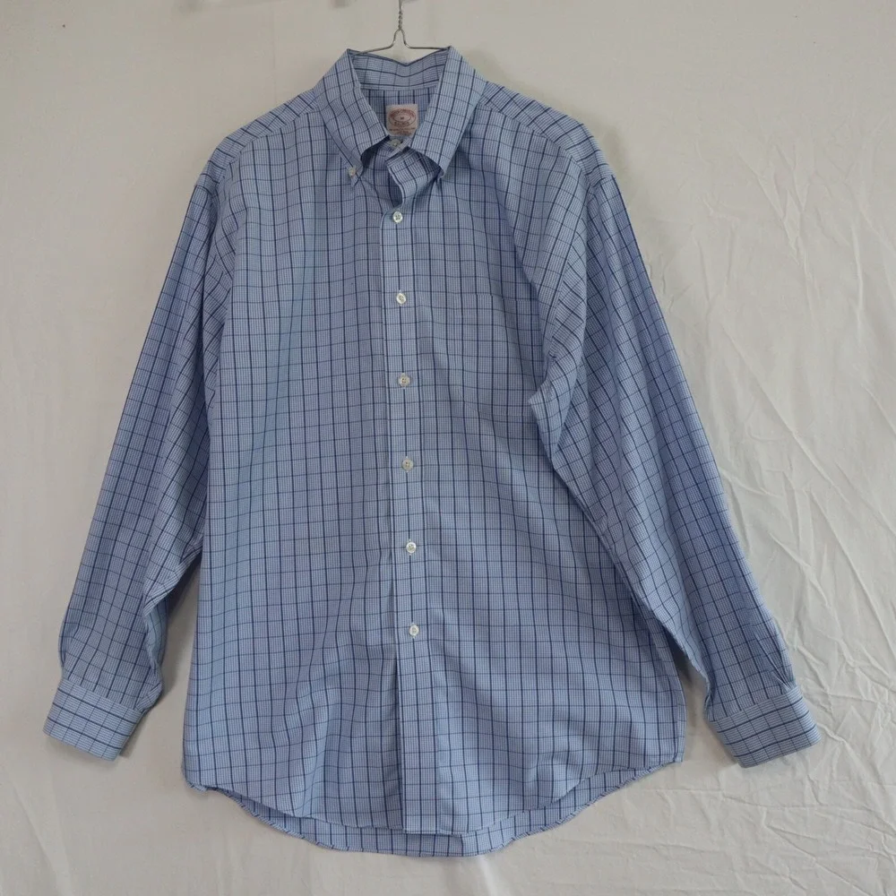 Brooks Brothers Shirt Mens Medium Non-Iron Button Down Blue‎ Plaid Long Sleeve